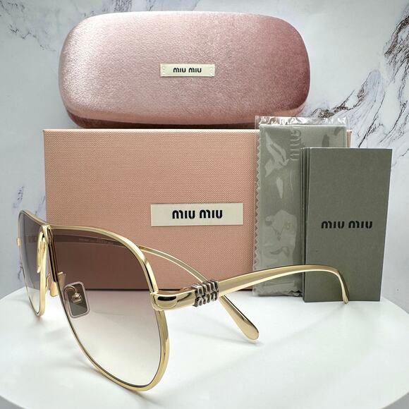 New MIU MIU Sunglasses MU A56S 5AK90L Gold Brown Gradient Metal Pilot Aviator - Picture 1 of 16